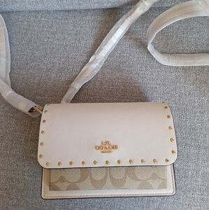 NWT Coach Mini Bag C3326 Foldover Belt Bag In Signature Canvas With Rivets